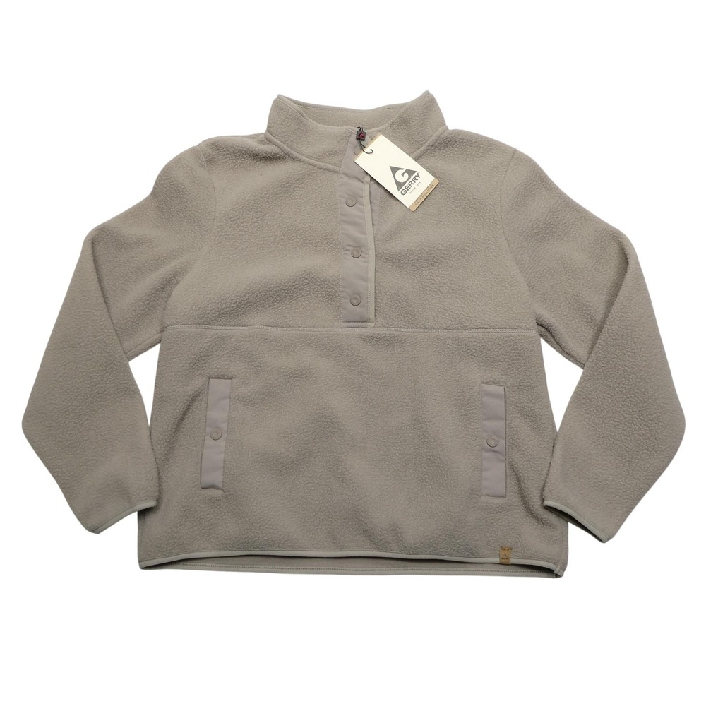 Gerry‎ Sherpa Fleece Pullover Mens Large Gray Pebble Snap Mock Neck Pockets